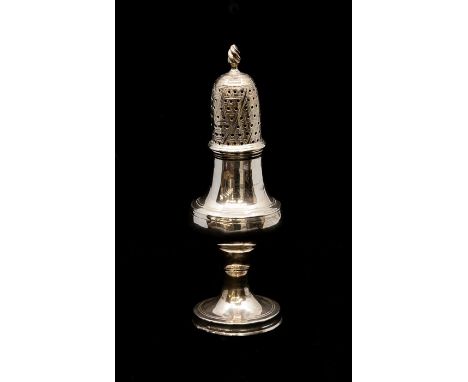 A George III silver sugar caster, Hester Bateman, London 1782, of baluster form with cone finial, 14.5cm high, weight 2.5oz.