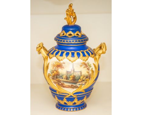 An English porcelain vase and cover, mid-19th Century, of ovoid form with twin scroll handles, painted to one side with a cat