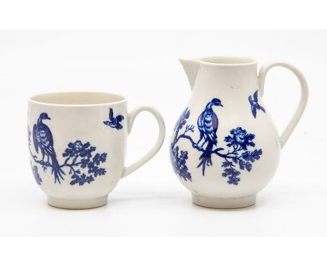 A Worcester sparrow beak jug, circa 1770-90, of ovoid form with ribbed loop handle, printed in blue with the 'Birds in Branch