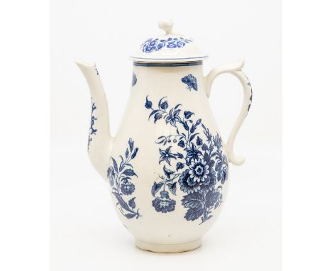 A Worcester coffee pot and cover, circa 1770-80, of pear shape with flower finial, the strap handle with thumb spur, printed 