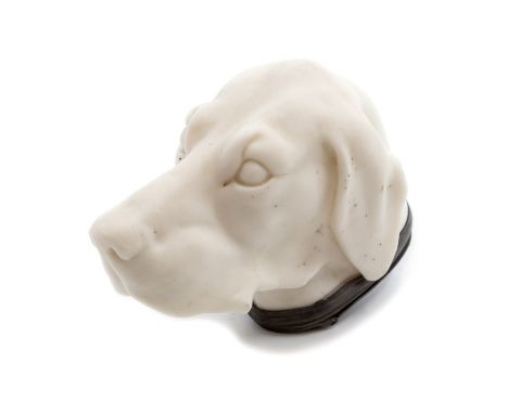 A pewter-mounted parian porcelain snuff box, modelled as the head of an English setter dog, 8cm.
