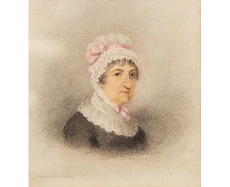 Adam Buck (British, 1759-1833)A portrait miniature of a lady wearing a bonnet with pink ribbon and a black dress, signed and 