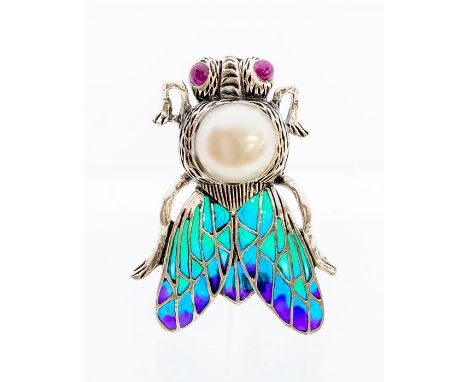 A plique a jour silver and enamel brooch in the form of a fly, with a cabochon ruby set eyes and large cultured pearl set to 