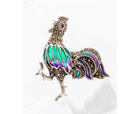 A plique a jour silver and enamel brooch in the form of a cockerel, with a pink sapphire set eye and marcasite details, size 