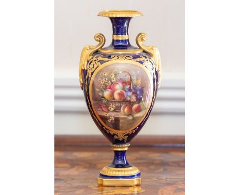 A Royal Worcester vase by Richard Sebright, dated 1919, of ovoid form with twin scroll handles, finely painted with peaches a