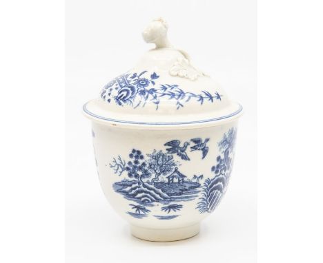 A Worcester sucrier and cover, circa 1770-90, of rounded form with flower finial, printed in blue with the 'Fence' pattern, 1