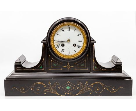 A French black marble mantel clock, circa 1890, the barrel-topped architectural form case inscribed with line and scroll deco