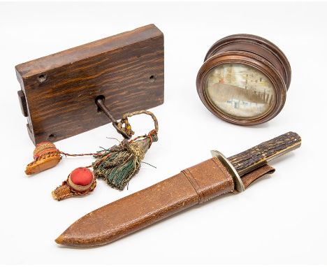 A group of works of art to include: a 19th Century oak bound door lock with iron key, 20cm, a treen circular box with lid ins