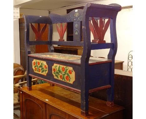 A Continental painted pine bench, with rising seat, W120cm 