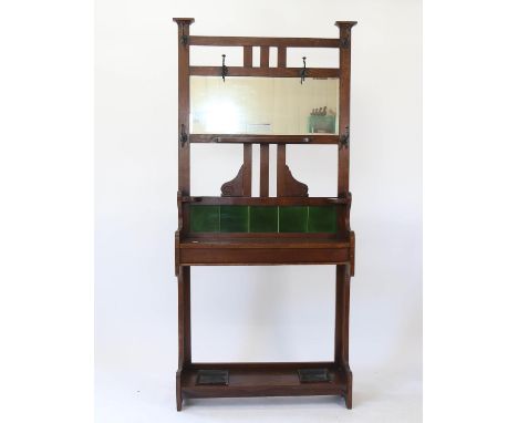 A 1920s oak mirror and tile-back hall stand, W86cm, H200cm 