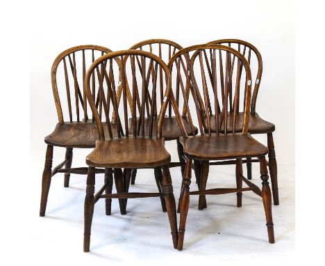 A set of 5 Antique elm-seated stick-back kitchen chairs 