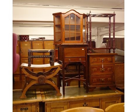 A walnut stool on X-shaped base, an Edwardian mahogany sewing cabinet, a 3-drawer bedside chest, a stick stand, a hanging cab