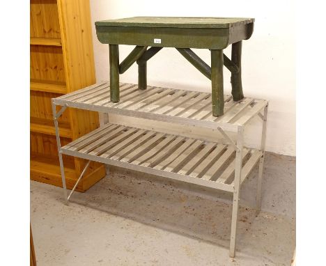 An aluminium 2-tier greenhouse staging, L121cm, and a green painted bench, L76cm 
