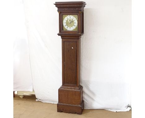 A 19th century longcase clock, with an 11" square brass dial, 30-hour movement striking on a bell with 2 subsidiary dials, di