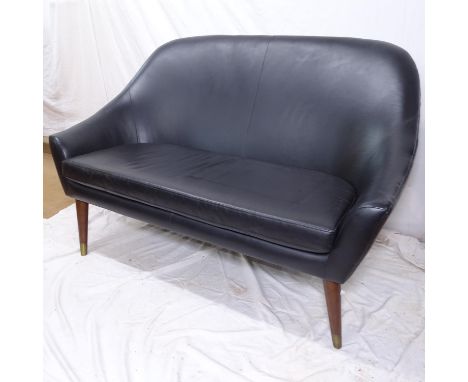 A mid-century style contemporary 2-seater leather-upholstered sofa, on tapered legs, L136cm, H100cm, seat height 45cm and dep