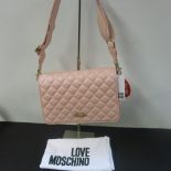 Love Moschino, Ladies Quilted PU Leather Shoulder Bag in Rosa Pink with Gold Detail & Logo to