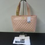 Love Moschino, Ladies Quilted PU Leather Toto Bag in Rosa Pink with Gold Detail & Logo to Carry