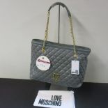 Love Moschino, Ladies Quilted PU Leather Shoulder Bag in Grey with Gold Chain Carry Straps & Detail.