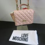 Love Moschino, Ladies Quilted PU Leather Handbag in Rosa Pink Gold Detail & Logo to Carry Strap.