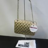 Love Moschino, Ladies Quilted PU Leather Handbag in Metallic Gold with Gold Chain Carry Strap &