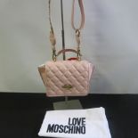 Love Moschino, Ladies Quilted PU Leather Handbag in Rosa Pink Gold Detail & Logo to Carry Strap.