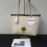 Love Moschino, Ladies Quilted PU Leather Shoulder Bag in Cream with Black Trim & Gold Chain Carry