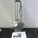 Love Moschino, Ladies Quilted PU Leather Handbag in Grey with Gold Detail & Logo to Carry Strap.