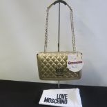 Love Moschino, Ladies Quilted PU Leather Handbag in Metallic Gold with Gold Chain Carry Strap &