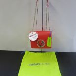 Versace Jeans, Model E1VPBBQ3, Ladies Leather Handbag in Red with Gold Chain Carry Strap & Detail.