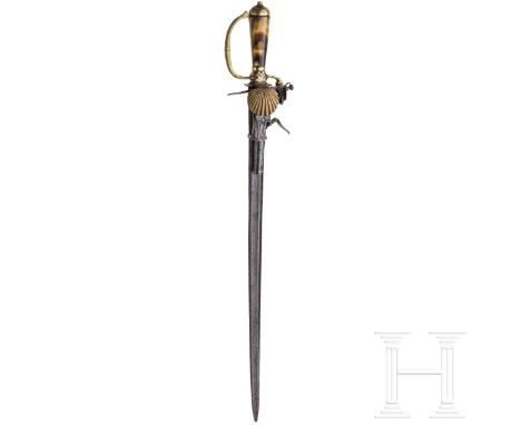 Schieß-Hirschfänger, Crause, Herzberg, um 1800  Gekehlte Klinge à la Montmorency mit zweischneidiger Spitze, terzseitig versc
