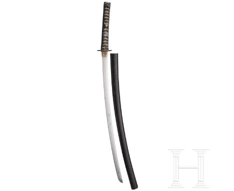 Katana, Japan, um 1800  Klinge Shinogi Tsukuri, Chu Kissaki, Torii Zori. Sugu Ha Hamon, Muji Hada, Boshi verputzt. Kissaki ab