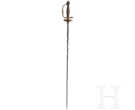 Jagdlicher Galadegen, deutsch, um 1760  Stark geflammte Klinge mit abgeflachtem Mittelgrat. Oberflächen narbig, die Spitze st