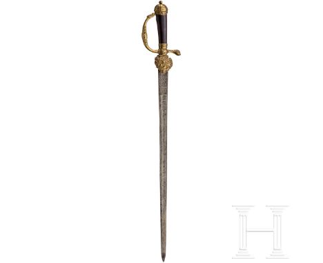 Barocker Luxus-Hirschfänger, deutsch, um 1720  Schlanke Rückenklinge (zaponiert) mit zweischneidiger Spitze und beidseitiger 