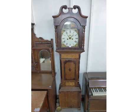 A George III inlaid oak 8-day longcase clock, the painted arched dial indistinctly signed