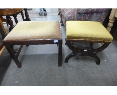 A William IV rosewood x-frame stool and a George III mahogany stool