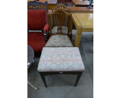A pair of George III oak dining chairs and mahogany piano stool