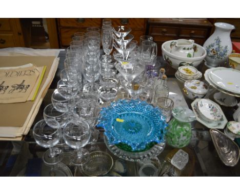 A quantity of various drinking glass; an Art Glass vase; a blue glass dish etc. 