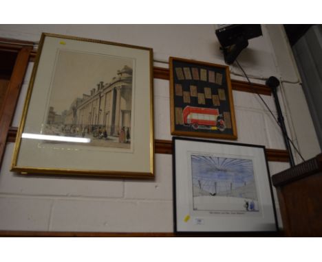 A framed and glazed collage of various bus tickets; together with a cartoon print from the Evening Standard 1999; and a colou