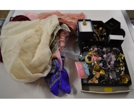 A box containing various ladies scarves; costume jewellery etc. 