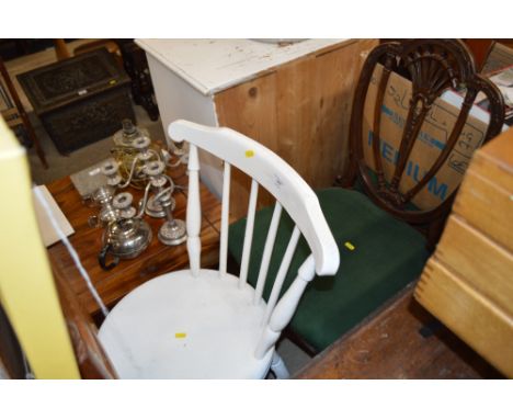 A white painted stick back kitchen chair; two mahogany chairs and pine stool
