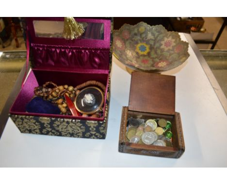 An Indian brass bowl; together with a New Zealand teak trinket box containing various coinage; and a box of costume jewellery