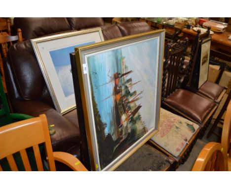 An oil on canvas study of moored boats; together with a black and white photographic print; and a mirror 