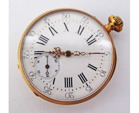 A French gold pocket watch, the back engraved with a cartouche, missing the hanging ring. Case Width 4,5cm, weight 66g.