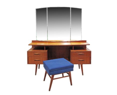 Danish style teak dressing table with mirror on splay legs H168cm, W142cm, D40cm together with a stool on splay legs and open