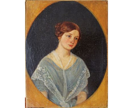 French school oil on canvas, portrait of a lady in lace shawl, c19th century, 22X16,5cm