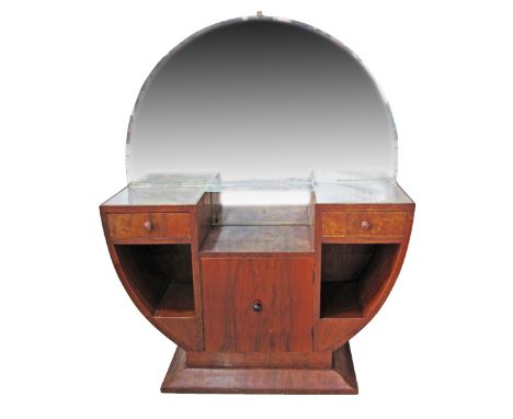 An Art Deco revival Cypriot walnut veneered dressing table, with round beveled mirror, c1960s. H135cm, W108cm.