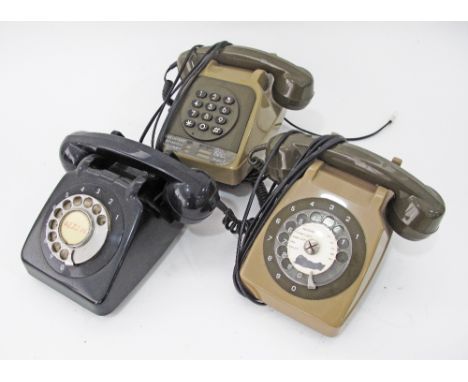 Telephones, 1970s Vintage Rotary Dial, one black and two green plastic telephones. (3)