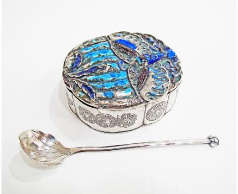 A Chinese silver and enamel pill box circa 1900, of lobed form, the domed cover with enamelled repoussé floral and foliate de