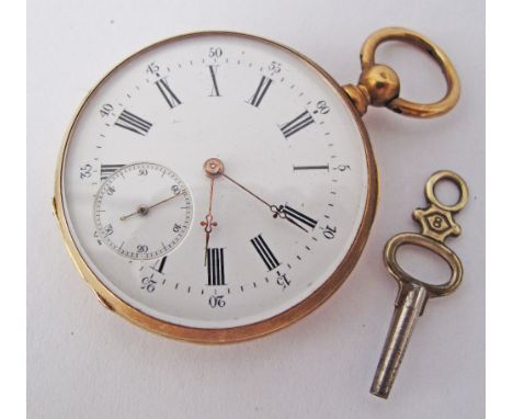 A French gold pocket watch, the back engraved with a cartouche, with a winding key. Case Width 4,5cm, weight 57g (2)