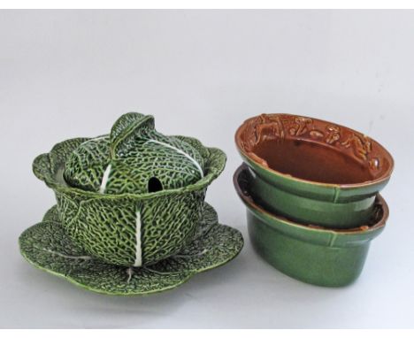 A French ceramic tureen and platter in the form of a cabbage H21cm, W26cm, together with a pair of glazed stoneware oval bowl